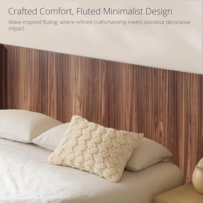 KEIKI Wooden Queen Size Headboard Only, 64.5" Wide Farmhouse Headboards with Wall Mounted Fluted Panel & Wingback for Bedroom, Walnut Brown