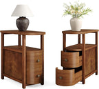 LITTLE TREE Solid Wood End Table Set 2 with 2 Drawers & Open Shelf, No Assembly Required Side Table for Living Room, Vintage Brown Couch Side Tables, Slim Bedside Table Nightstand for Bedroom