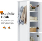 Tall Storage Cabinet, Bathroom Floor Freestanding Storage Cabinet with Hook and Adjustable Shelf for Bathroom, Office, Living Room, White