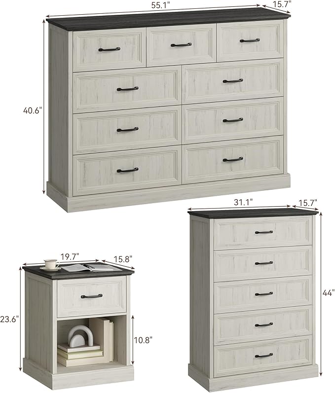 CARPETNAL Farmhouse Dresser and Nightstand Sets for Bedroom, 4 Pcs Bedroom Set, 5 Drawer & 9 Drawer Dresser and Nightstand Set of 2, Wood Chest of Drawers for Living Room, Entryway, White