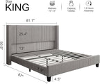 HOWE King Size Upholstered Platform Bed Frame, Wingback Bed with 50.8" Headboard, Corduroy/Solid Wood Leg/No Box Spring Needed/Noise Free/Taupe