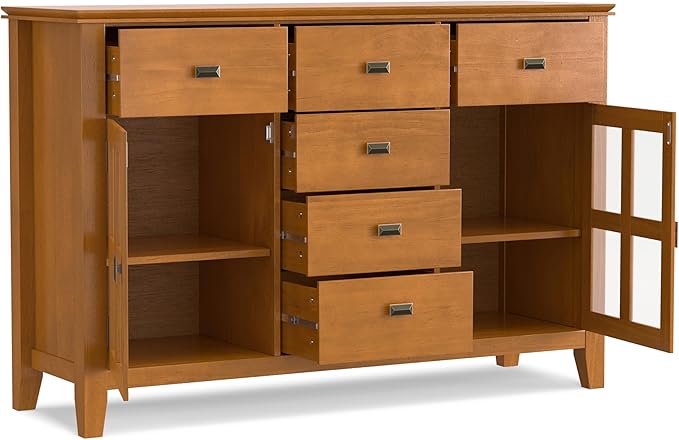 SIMPLIHOME Artisan Buffet - 54 inch Wide Solid Wood 3-Door Sideboard Buffet in Honey Brown, Transitional Storage Cabinet for Dining Room or Kitchen with Adjustable Shelves and Bronze Hardware