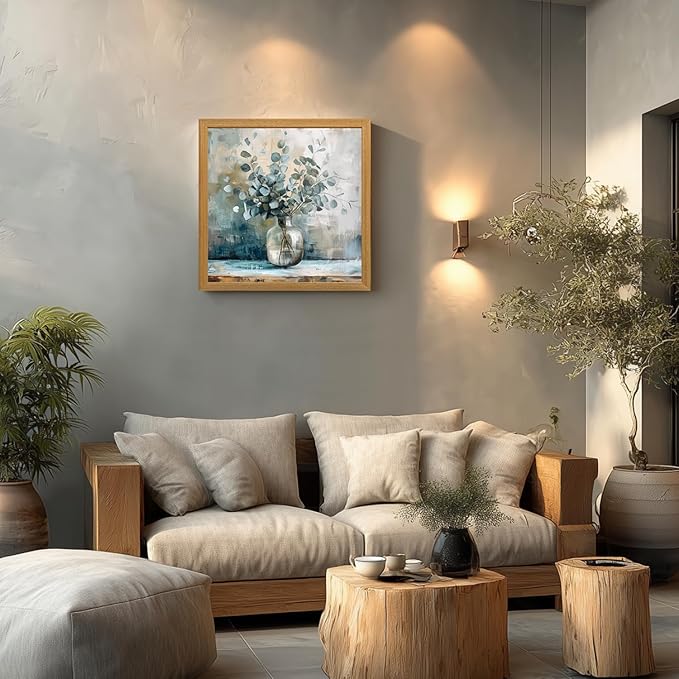 HLXRAE Eucalyptus Leaf Wall Art, Sage Green Botanical Canvas Print, Rustic Farmhouse Bathroom Wall Decor, Soft Blue Floral Aesthetic Picture for Bedroom living Room Wood Framed 16x16 inch