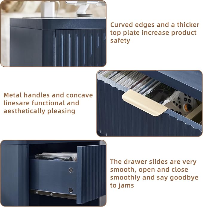 LEYAOYAO Fluted Farmhouse Nightstand Set of 2 with Charging Station, 23" Wide 1 Drawers End Table,Blue Dresser for Bedroom,Bed Side Table Chest of Drawers Cabinet,Wood Night Stand for Living Room