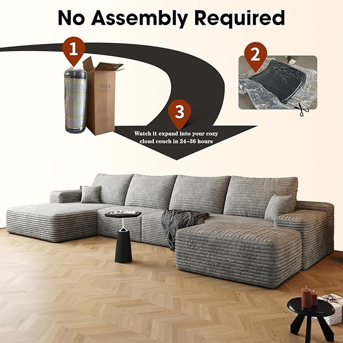 135.4" Large Cloud Modular Sectional Couch with Ottoman, Minimalist Upholstered Couches, Comfort U Shaped Sofa for Living Room,Deep Seat Corner Couch，No Assembly Required (Grey,Left Facing Chaise)
