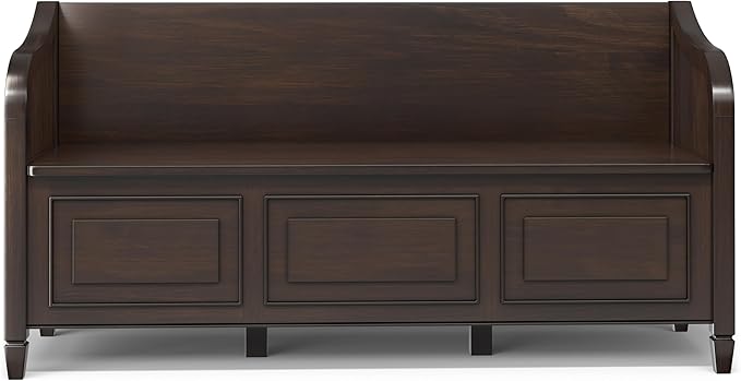 SIMPLIHOME Connaught Entryway Storage Bench - 56 inch Wide Solid Wood Wide Storage Seat in Chestnut Brown, Traditional Bench for Entryway or Living Room with Lift-Up Lid and Paneled Front