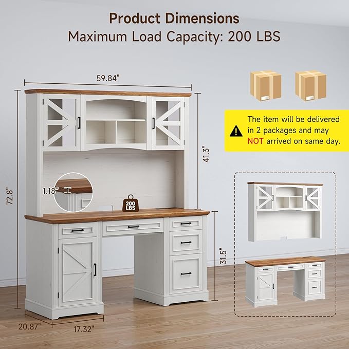 ONBRILL 72" H Farmhouse Executive Desk with Hutch, Office Desk, Computer Desks with Charging Station, Computer Workstations with 5 Drawers and Storage Cabinet for Home, Office, Off White & Walnut