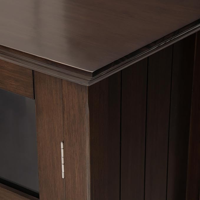 SIMPLIHOME Acadian Storage Cabinet - 39 inch Wide Solid Wood 4-Shelf Display Cabinet in Natural Aged Brown, Transitional Cupboard for Living Room or Dining Room with Glass Doors and Adjustable Shelves