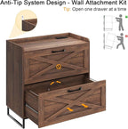 File Cabinet 2 Drawers Lateral File Cabinet with Charging Station for Letter/Legal/A4 Size Hanging Files, Large Wood File Storage Cabinets Printer Stand for Home Office, Dark Walnut