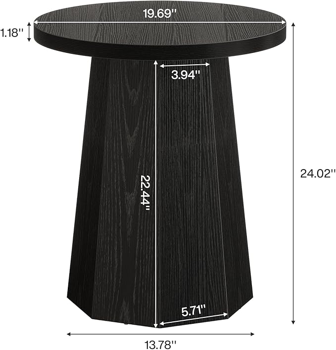 Tribesigns Farmhouse Round End Table Set of 2, Wooden Couch Side Table with Octagonal Base, Black Nightstand Pedestal Accent Furniture for Living Room, Bedroom (2)