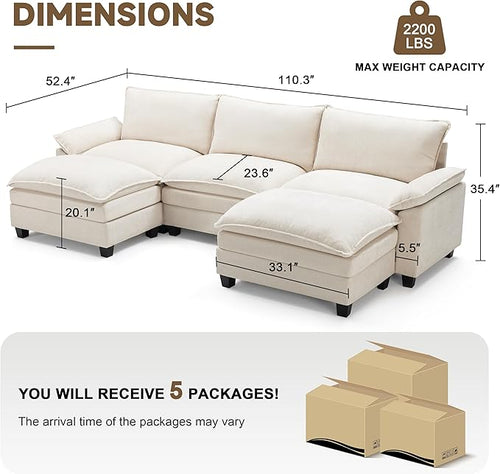 114 Inch Cloud Couch Sectionals with Ottoman, Big Comfy Modular Couches, Cloud Sofas, L Shaped 5 Seat Modular Sectional Sofa, Modern Sectional Couches for Living Room, Deep Seat Sofa, Beige