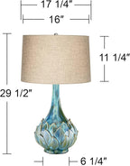 Possini Euro Design Kenya Modern Tropical Table Lamp with USB Dimmer 29 1/2" Tall Blue Green Glaze Ceramic Beige Linen Drum Shade for Bedroom Living Room House Home Bedside Nightstand Office Family