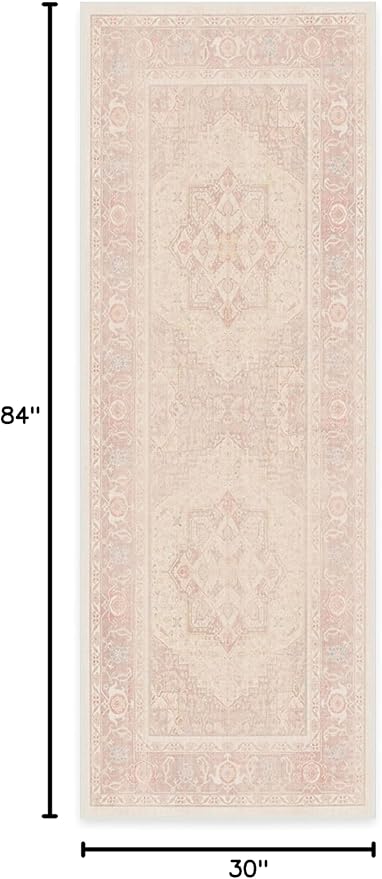 RUGGABLE Washable Runner Rug – Kamran Soft Pink 2.5x7, Stain-Resistant, Non-Slip Hallway Runner – Machine Washable Rug for Hallway, Entryway, Living Room & Kitchen–with Standard Pad