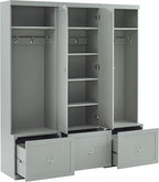 Crosley Furniture Harper 3-Piece Hall Tree and Storage Cabinet Set with Entryway Bench and Hooks for Hanging, Gray