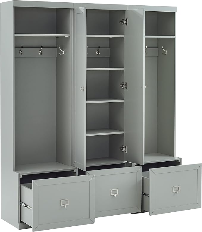 Crosley Furniture Harper 3-Piece Hall Tree and Storage Cabinet Set with Entryway Bench and Hooks for Hanging, Gray
