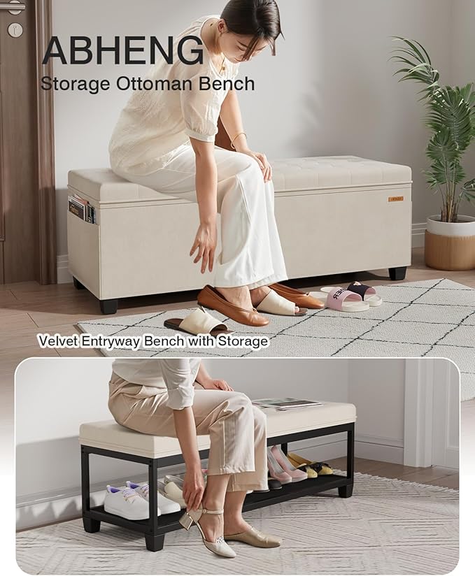 Velvet Storage Ottoman Bench, End of Bed Bench with Legs, Large Entryway Bench, Foot Rest Stool, Tea Table for Bedroom, Living Room, Loads 770 lb, 15.7"L x 43"W x 15.7"H, Cream White, UASND62W