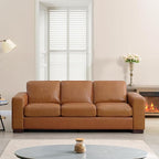 Naomi Home Freya Genuine Leather Sofa - Luxurious Comfort, Goose Feather Cushion Filling, Square Arm Design, Sturdy Block Legs, Elegant Tan - Ideal for Living Room, Office, or Bedroom