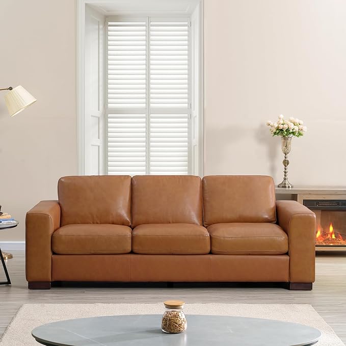 Naomi Home Freya Genuine Leather Sofa - Luxurious Comfort, Goose Feather Cushion Filling, Square Arm Design, Sturdy Block Legs, Elegant Tan - Ideal for Living Room, Office, or Bedroom