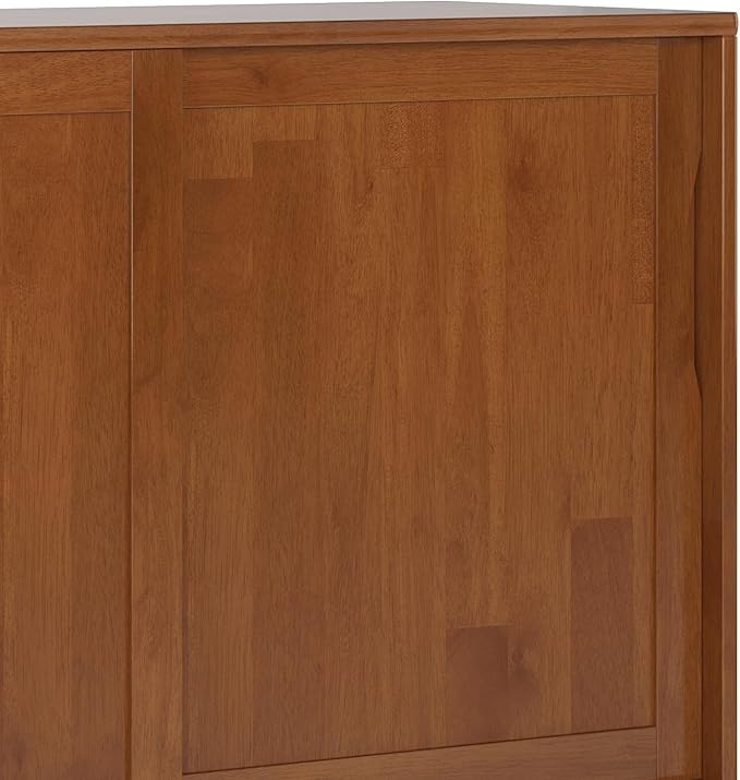 SIMPLIHOME Harper Medium Storage Cabinet - 48 inch Wide Solid Hardwood Sliding Door Cabinet in Teak Brown, Mid-Century Modern Cupboard for Living Room or Entryway with 3 Drawers and Tapered Legs