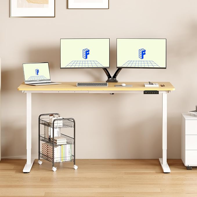 FLEXISPOT E3 Dual Motor Electric Standing Desk 60x24 Inch Whole-Piece Board Height Adjustable Electric Sit Stand Desk (White Frame + Maple Desktop, 2 Packages)