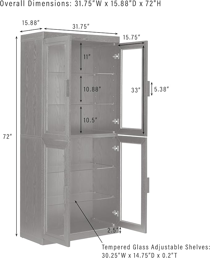 Crosley Furniture Essen Glass Door Kitchen Pantry Storage Cabinet with Doors and Shelves, Living Room, Black