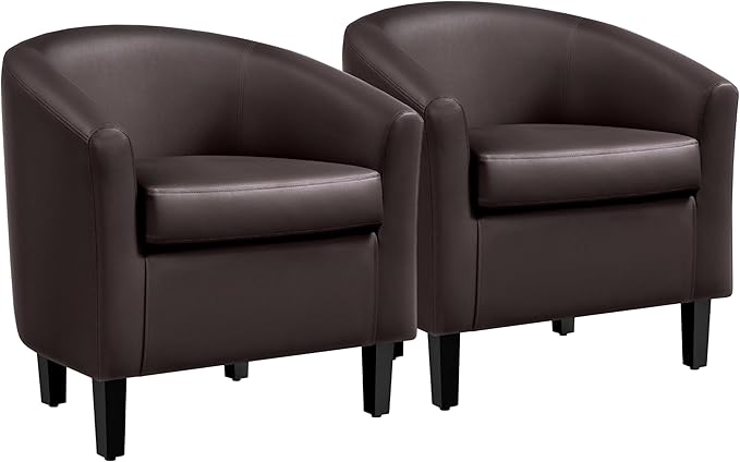 Yaheetech PU Leather Accent Chairs, Modern Barrel Chairs Side Chairs, Comfy Club Chairs with Soft Padded, 2 Chairs for Living Room/Bedroom/Reading Room, Espresso, Set of 2
