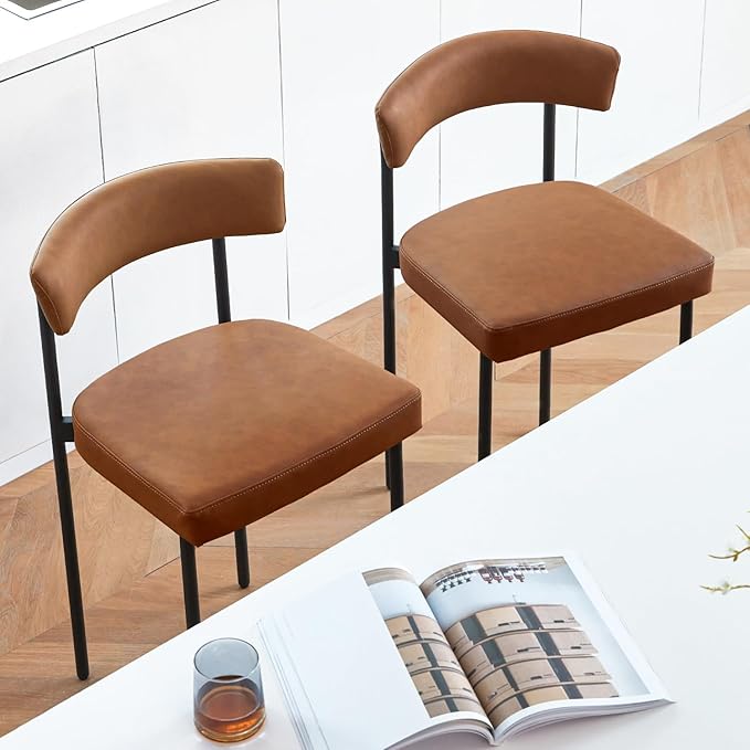 Brown Modern Bar Stools Set of 2, 24 Inch Faux Leather Counter Stools with Curved Backrest, Counter Height Bar Stool for Kitchen Island