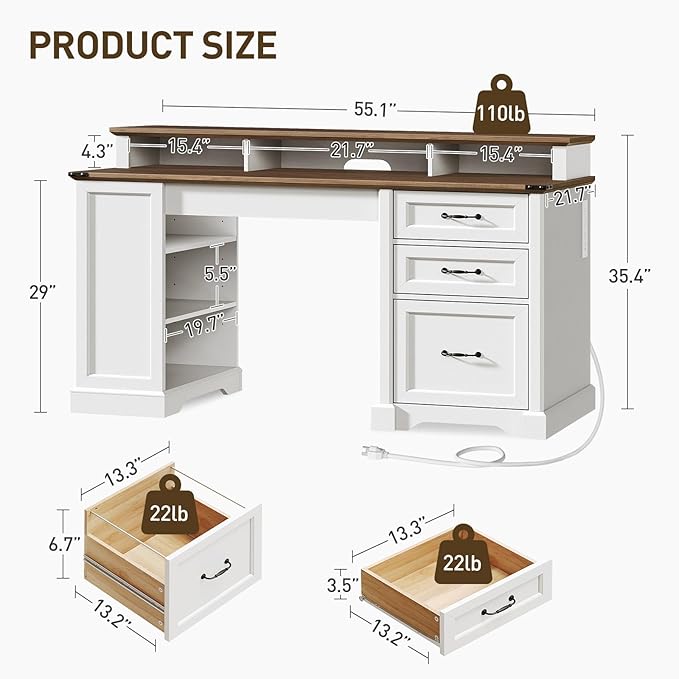 55'' Farmhouse Executive Desk with Drawers, Computer Desk with File Cabinet and Side Bookshelf, Writing Gaming Desk with Monitor Stand & Charging Station, White and Walnut