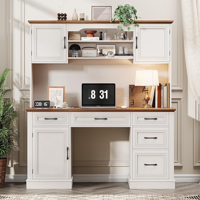 Vabches 67" H Farmhouse Executive Desk with Hutch. Wood Workstation with 5 Drawers, Storage Cabinet, File Drawers and Charging Station, Ideal as Office Desk, Computer Desk for Home Office and Study