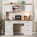 Vabches 67" H Farmhouse Executive Desk with Hutch. Wood Workstation with 5 Drawers, Storage Cabinet, File Drawers and Charging Station, Ideal as Office Desk, Computer Desk for Home Office and Study