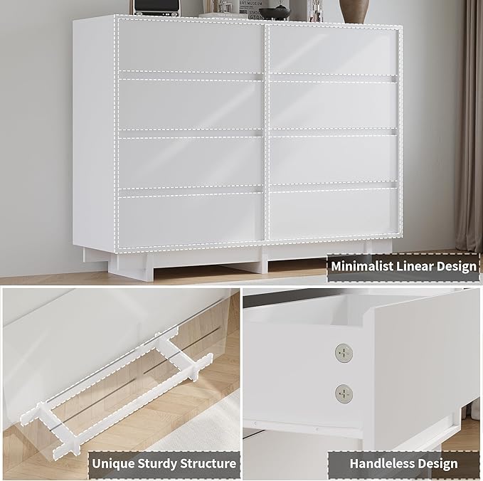 White Dresser for Bedroom, 53.1" Wide 8 Drawer Dresser, Mid Century Modern Dressers Chest of Drawers, Wooden Large Dressers for Bedroom, Closet