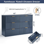 LEYAOYAO Fluted 6 Drawers Dresser Set of 2, 48" Wide Modern Chest of Drawers with Metal Handle, Navy Blue Curved Profile Dresser TV Stand, Wooden Drawer Organizer for Bedroom, Living Room, Hallway