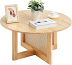 VEVOR Rattan Coffee Table, Round Woven With Rubber Wood Top, 33 in Modern Boho Circular Storage Table With Natural Legs, for Living Room, Bedroom & Small Spaces