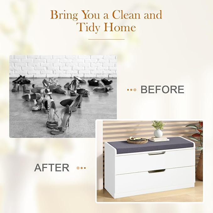 MFSTUDIO Large Shoe Storage Bench, White Wood Shoe Entryway Bench with Seating Padded Cushion, 2 Drawers, Freestanding Shoe Rack Organizer for Entryway Hallway Living Room, Grey Cushion