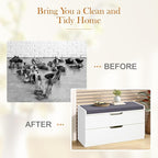 MFSTUDIO Large Shoe Storage Bench, White Wood Shoe Entryway Bench with Seating Padded Cushion, 2 Drawers, Freestanding Shoe Rack Organizer for Entryway Hallway Living Room, Grey Cushion