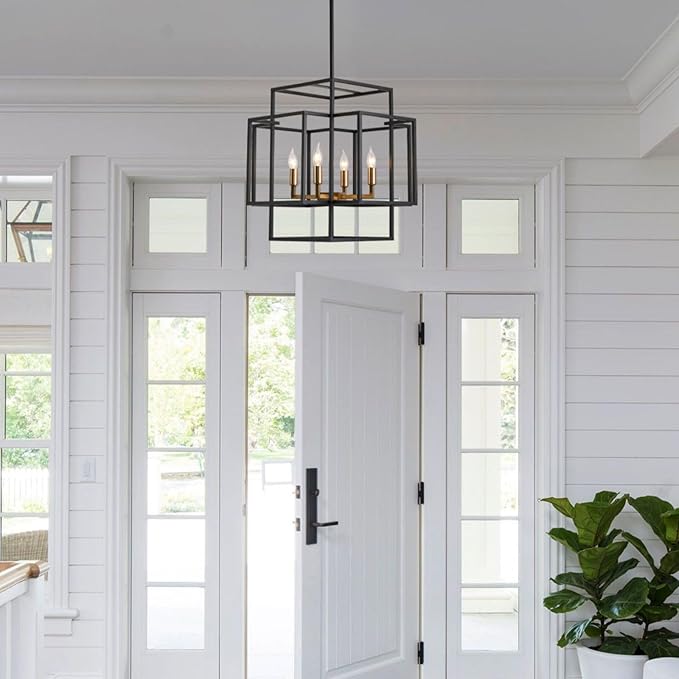 WJShome High Ceiling Foyer Chandelier: 4-Light Farmhouse Lantern Chandeliers for Entryway Industrial Large Pendant Light Fixtures for Entry Staircase Hallway Dining Room Kitchen Island, Black & Gold