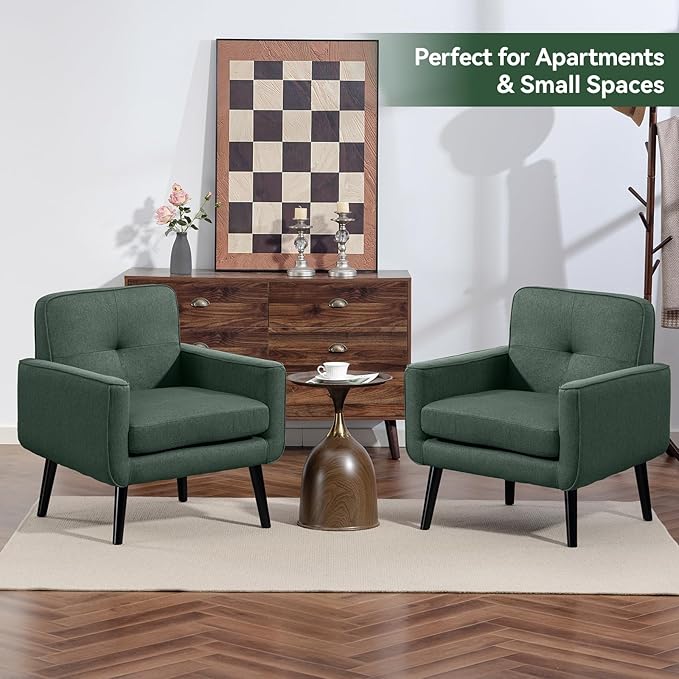 Mid Century Accent Chair, Fabric Modern Chair with Wooden Frame, Cozy Armchair Reading Chair with Comfy Back for Apartment, Living Room, Bedroom, Waiting Room, Small Space, Corner, Green