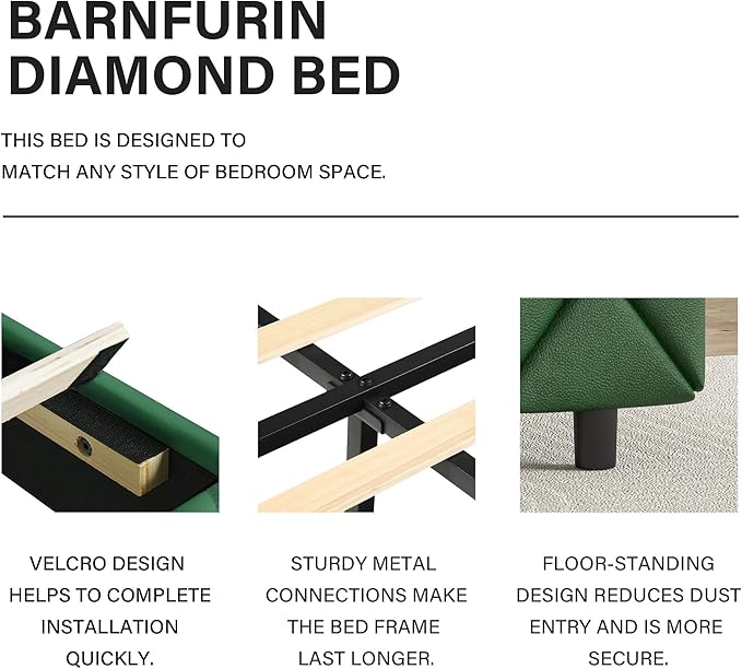 BarnFurin Twin Bed Frames with Headboard, Upholstered Bed with Diamond Tufted Design, Modern Platform Bed with Wooden Slats Support, No Box Spring Required, Easy Assembly, Green