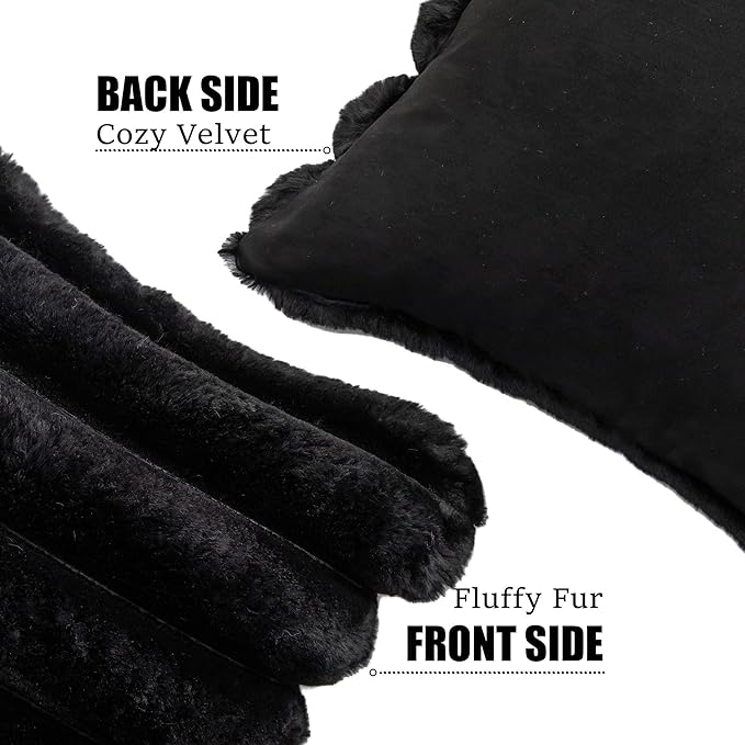 Neelvin Black Faux Fur Cozy Soft Striped Decorative Throw Pillow Covers 26x26 inch Set of 2,Velvet Pillowcase Cushion Case for Sofa Couch