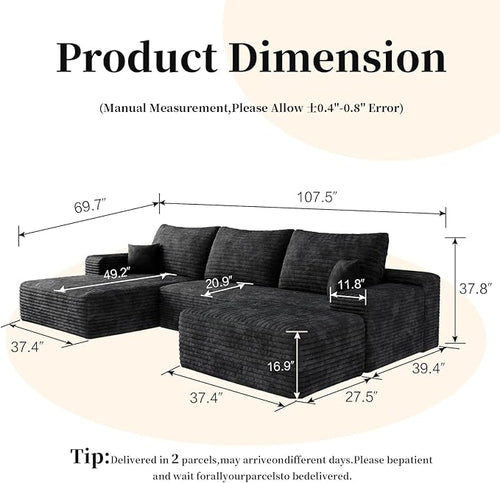 107.5" Compressed Boneless Couch with Ottoman, 2 Seater Large U Shaped Sectional Couches for Living Room, Black Corduroy Cloud Modular Sectional Sofa, Memory Foam, No Assembly，Light Facing Chaise