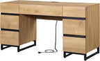 WAMPAT 59" Modern Executive Desk with Drawers, Wood Computer Writing Desk with Charging Station, Office Desk with File Drawer, Study Table for Bedroom, Living Room, Home Office, Oak
