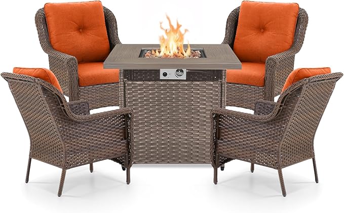 Outdoor Patio Chairs with Fire Pit Table 5 Piece Set - High Back Brown Wicker Rattan Lawn Chair with Thick Cushion for Porch Apartment Deck Yard Poolside Garden - Orange