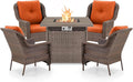 Outdoor Patio Chairs with Fire Pit Table 5 Piece Set - High Back Brown Wicker Rattan Lawn Chair with Thick Cushion for Porch Apartment Deck Yard Poolside Garden - Orange