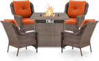 Outdoor Patio Chairs with Fire Pit Table 5 Piece Set - High Back Brown Wicker Rattan Lawn Chair with Thick Cushion for Porch Apartment Deck Yard Poolside Garden - Orange