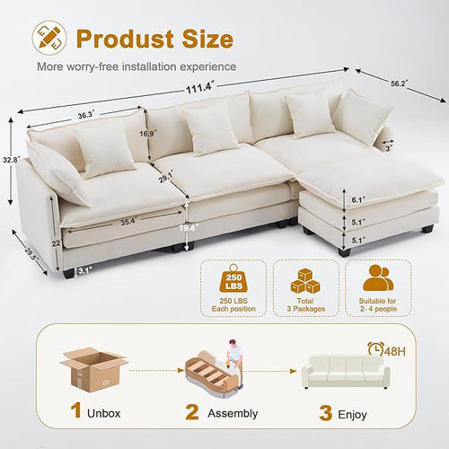 111.4" Cloud L Shaped Sectional Couch with Ottoman｜Modular Chenille Sofa with 29.1" Deep Seat｜FSC Solid Wood Frame｜Easy Assembly & 1YR Guarantee｜for Living Room Bedroom Apartment