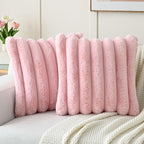 FUTEI Pink Decorative Throw Pillow Covers 24x24 Inch Set of 2, Square Soft Faux Rabbit Fur Thick Striped European Cushion Covers,Winter Home Decor for Couch Bed Living Room