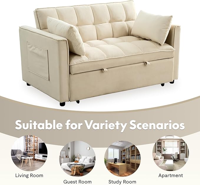 FLEXISPOT XCT4 Pull Out Couch for Small Spaces, 3-in-1 Convertible Loveseat Sofa Bed with Adjustable Backrest, Compact Futon Sofa Bed Twin Sleeper Loveseat for Apartment Dorm RV Guest Room,Cream