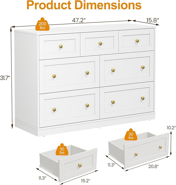 RoyalCraft 7 Drawer Dresser, 47'' Wide Modern Chest of Drawers with Gold Knobs, Wooden TV Stand Storage Organizer for Bedroom, Living Room, Entryway, White