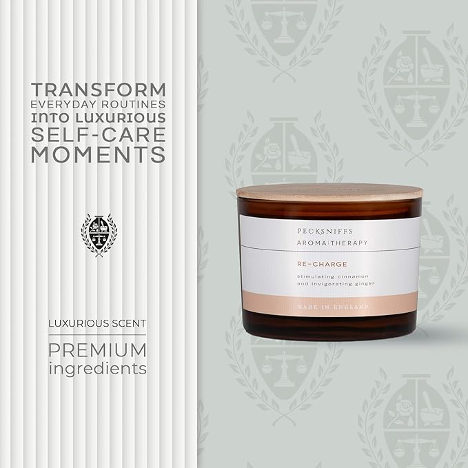 Pecksniff's Re-Charge Invigorating 3-Wick Candle - Cinnamon & Ginger Aroma, Premium Quality Wax, 283g, Long-Lasting Scent for Focus and Energy