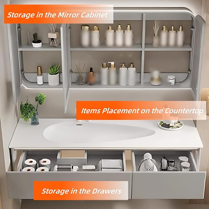 52IN Grey Bathroom Vanity Set - Floating Bathroom Vanity with Single Sink | Including LED Smart Defogging Mirror Cabinet & Time Display Function, Equipped with Motion Sensing Light Strip (Style B)